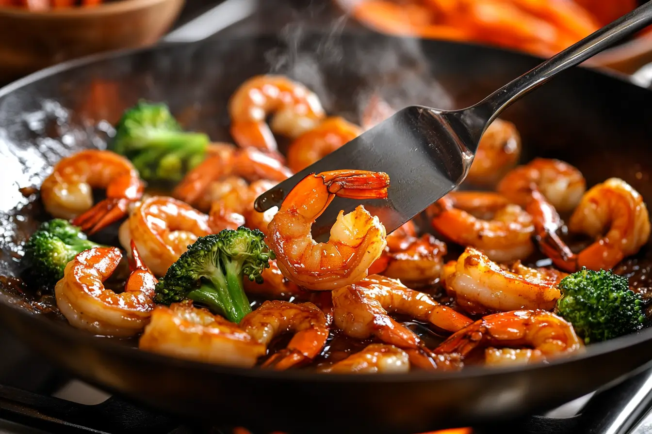 Shrimp sizzling in a wok as they cook in vegetable oil, with a spatula stirring. Fresh broccoli and carrots sit nearby, ready to be added.