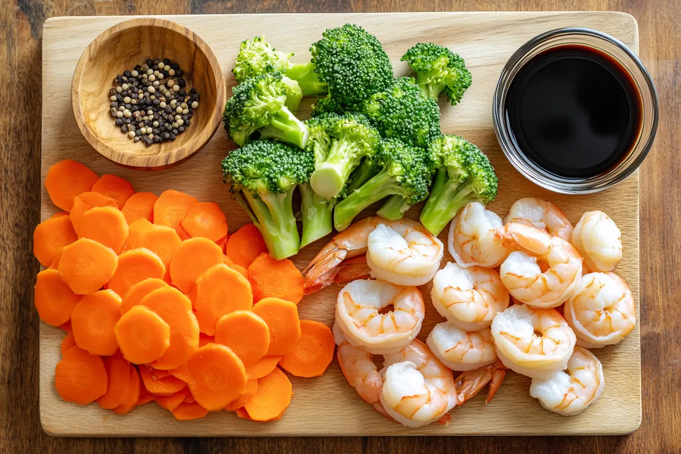 Fresh ingredients for Garlic Shrimp & Broccoli Stir-Fry, including shrimp, broccoli, carrots, garlic, soy sauce, and seasonings, arranged on a wooden cutting board.