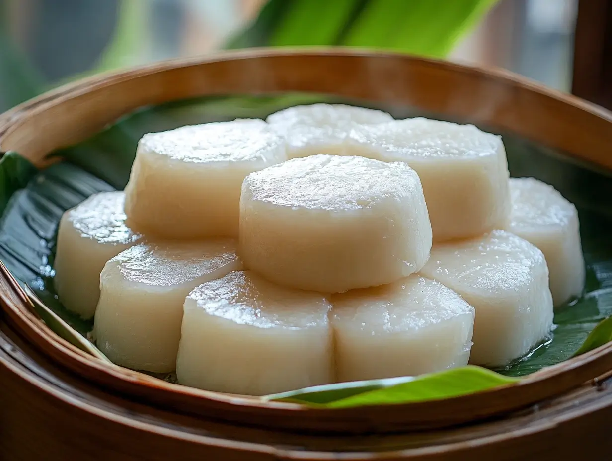 Soft, fluffy white Puto rice cakes in a bamboo steamer, showcasing their smooth, slightly domed tops