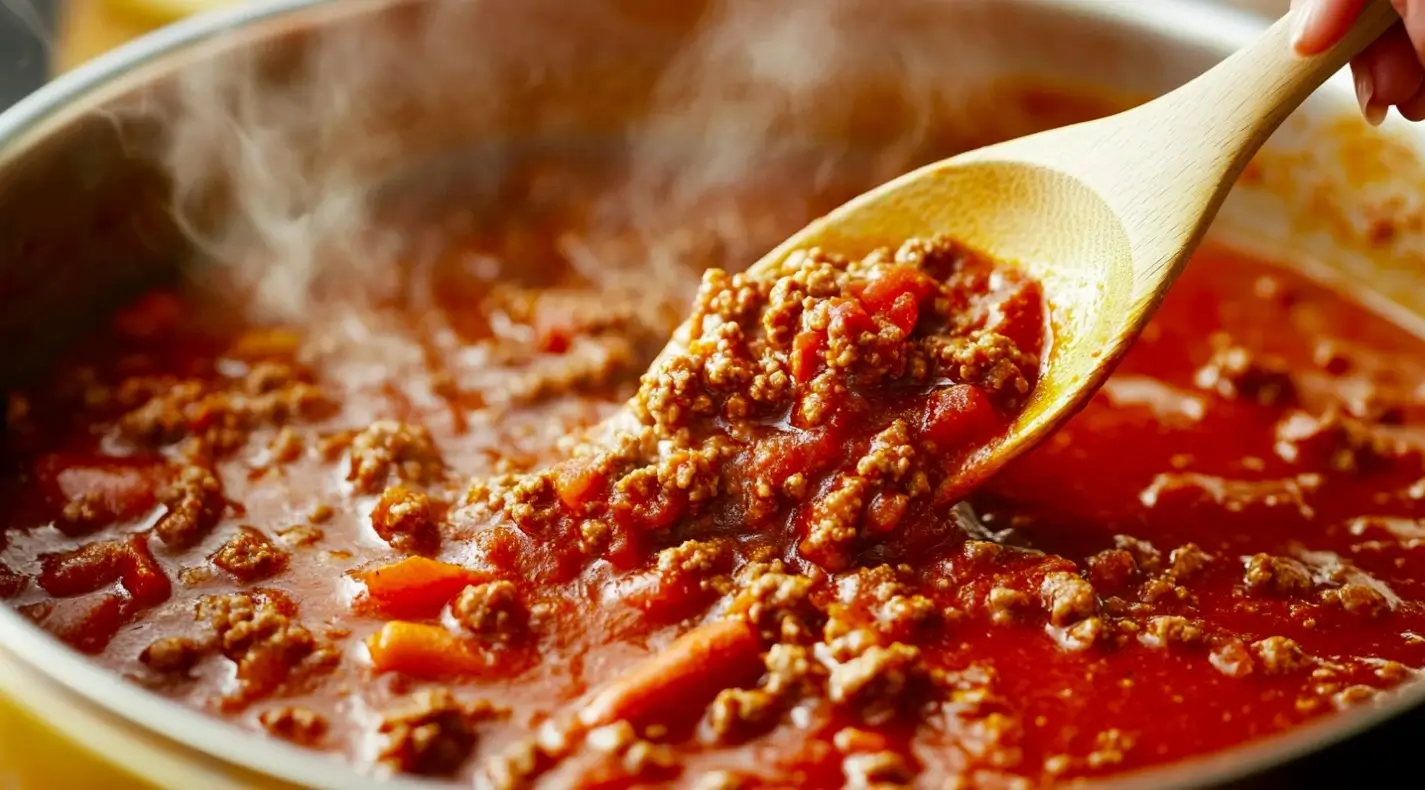 homemade authentic hot dog chili sauce simmering in a pot

