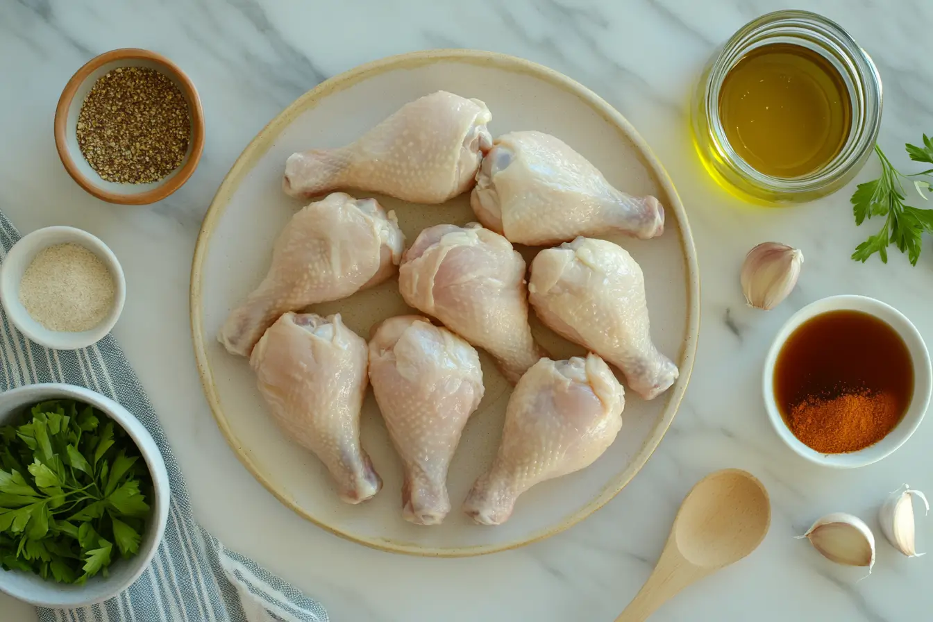 Ingredients for Slow Cooker Sticky Chicken Drumsticks on a kitchen counter