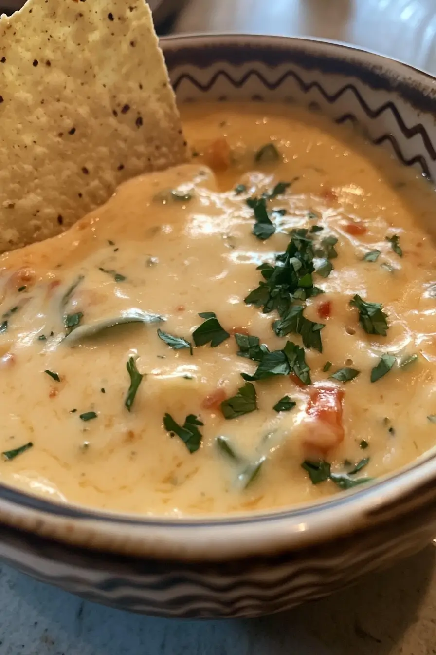 Creamy Boat Dip (Rotel Ranch Dip) garnished with fresh herbs served in a patterned bowl, accompanied by a crispy tortilla chip.