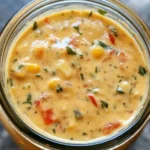 Overhead view of creamy Boat Dip (Rotel Ranch Dip) garnished with green onions, surrounded by tortilla chips and fresh vegetables on a wooden picnic table.