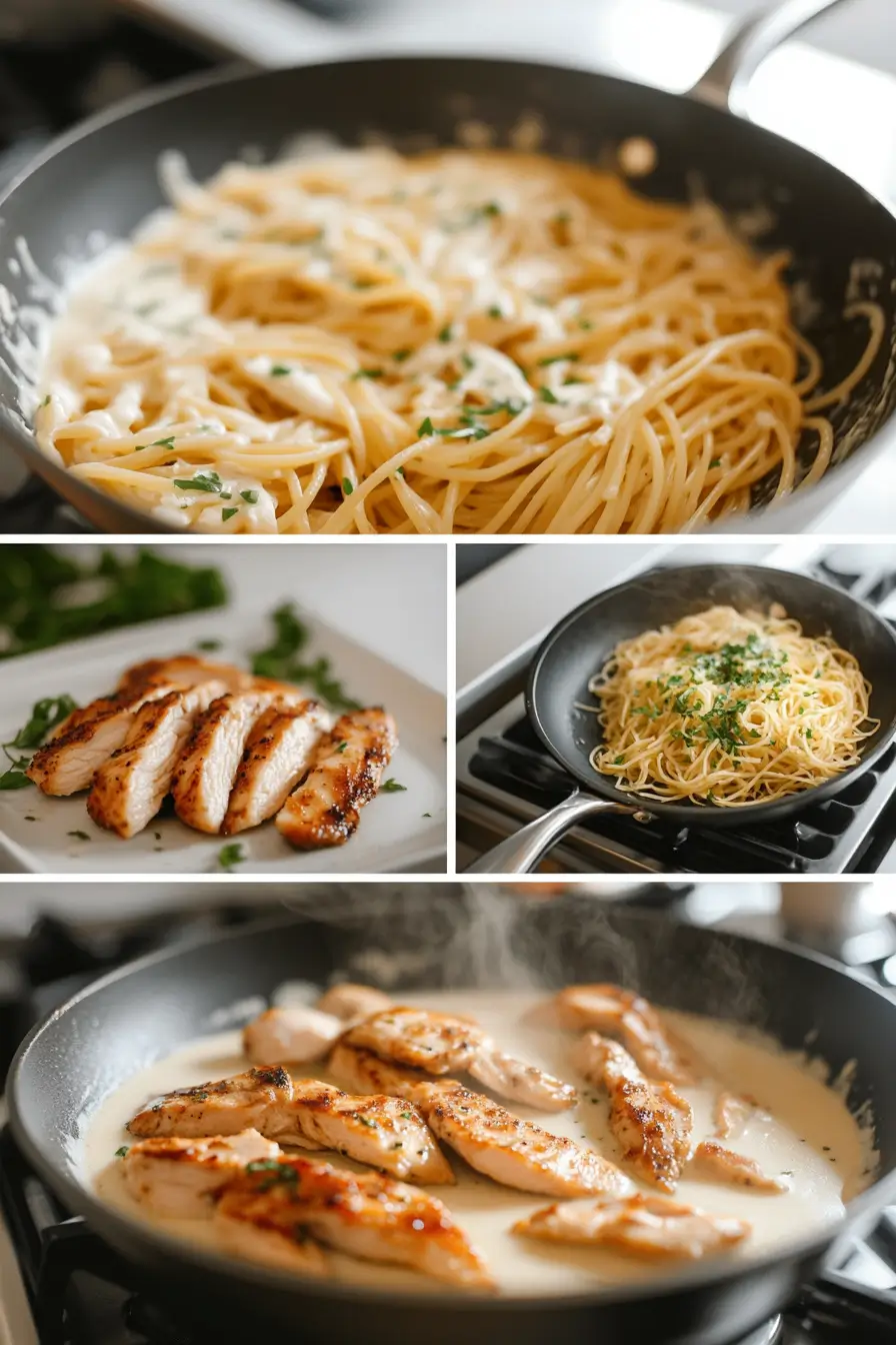 Visual sequence of cooking creamy lemon chicken pasta from boiling pasta to searing chicken, making sauce, combining ingredients, and final garnish
