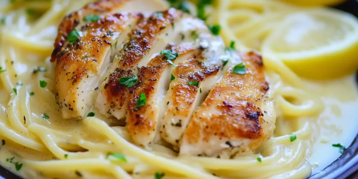Creamy lemon chicken pasta served with parsley and lemon zest