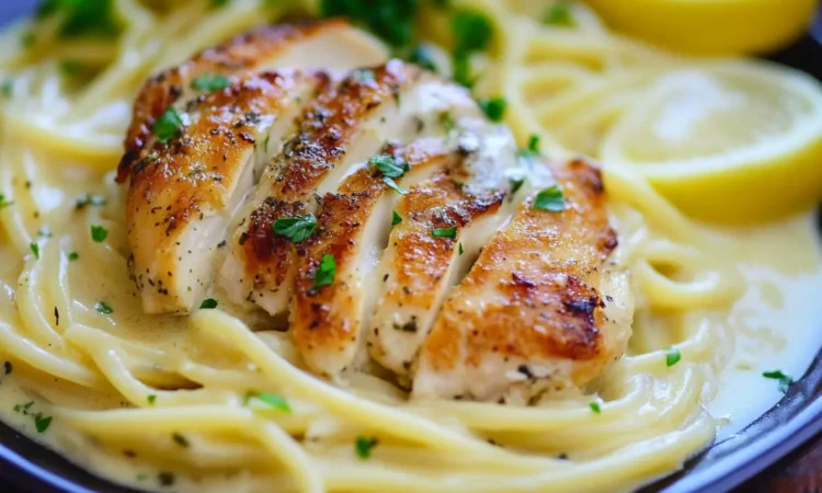 Creamy lemon chicken pasta served with parsley and lemon zest