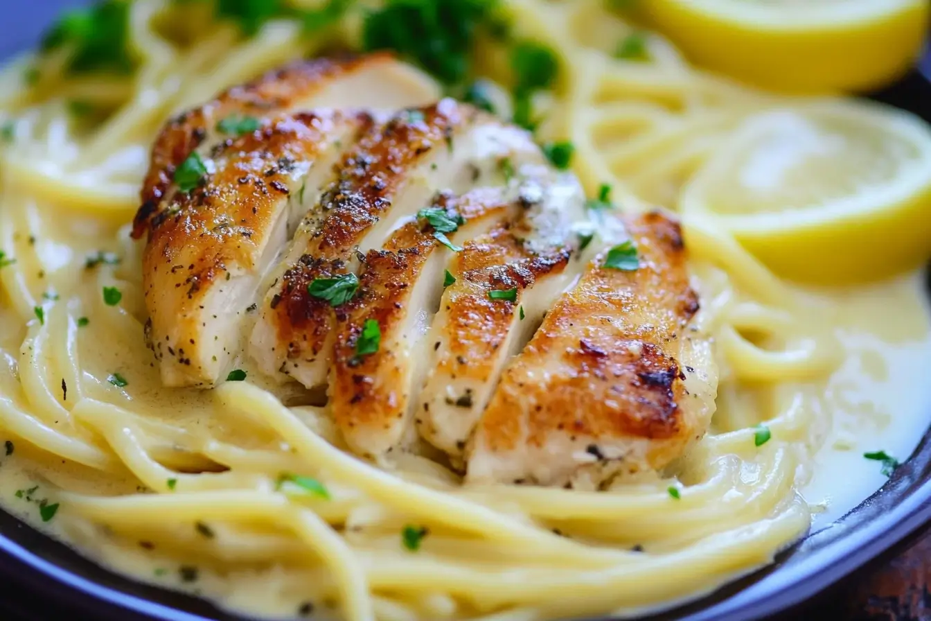 Creamy lemon chicken pasta served with parsley and lemon zest