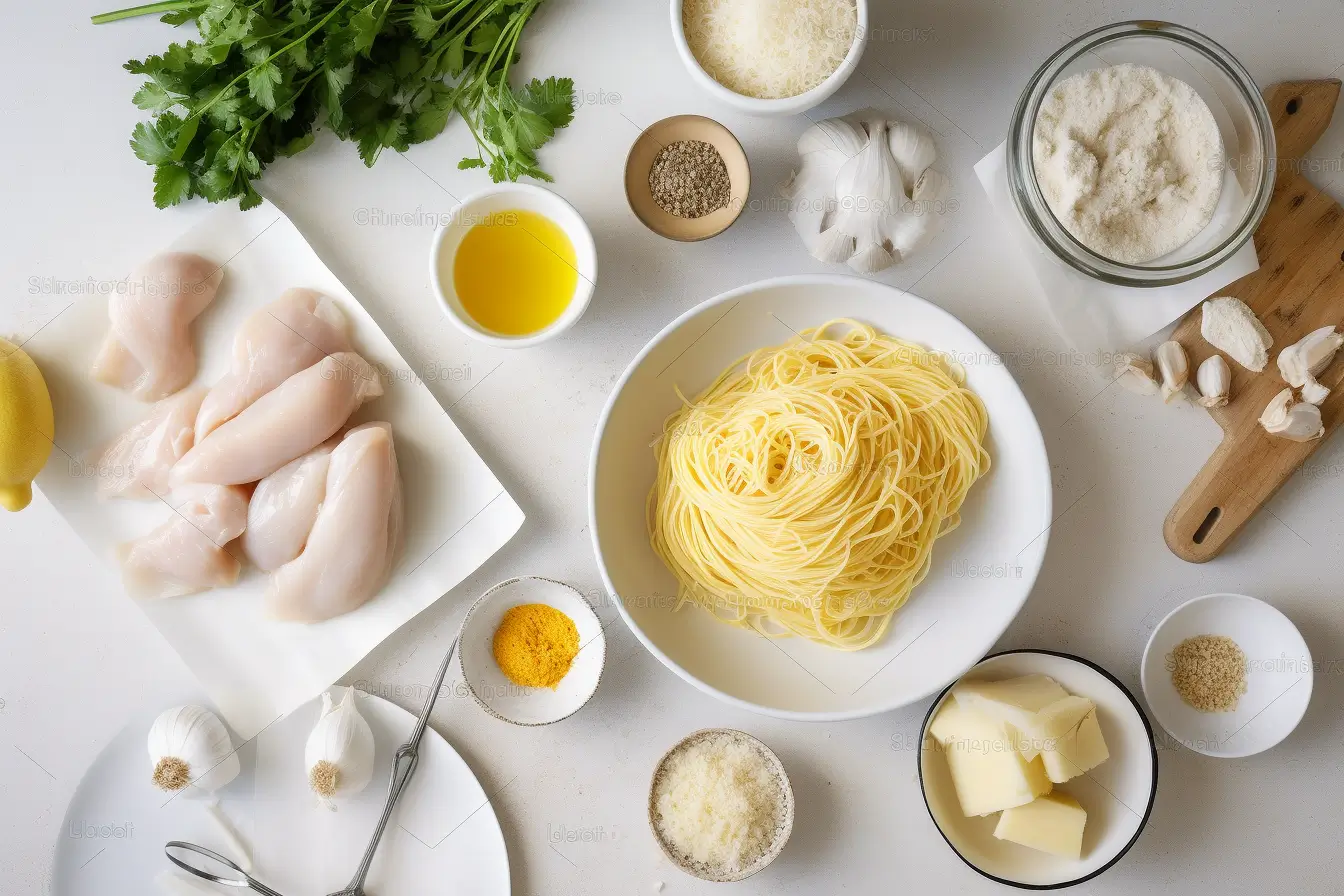 Fresh ingredients for creamy lemon chicken pasta arranged on a white marble countertop in a bright modern kitchen

