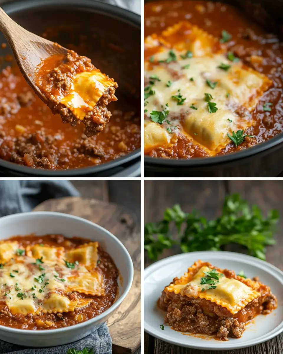 Four-step visual guide showing how to make Crockpot Ravioli Lasagna, from cooking meat sauce to layering and serving.