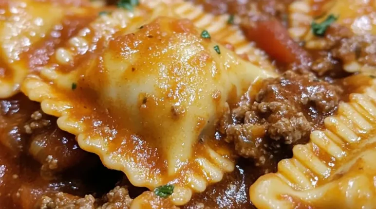 Close-up of beef ravioli in rich meat sauce