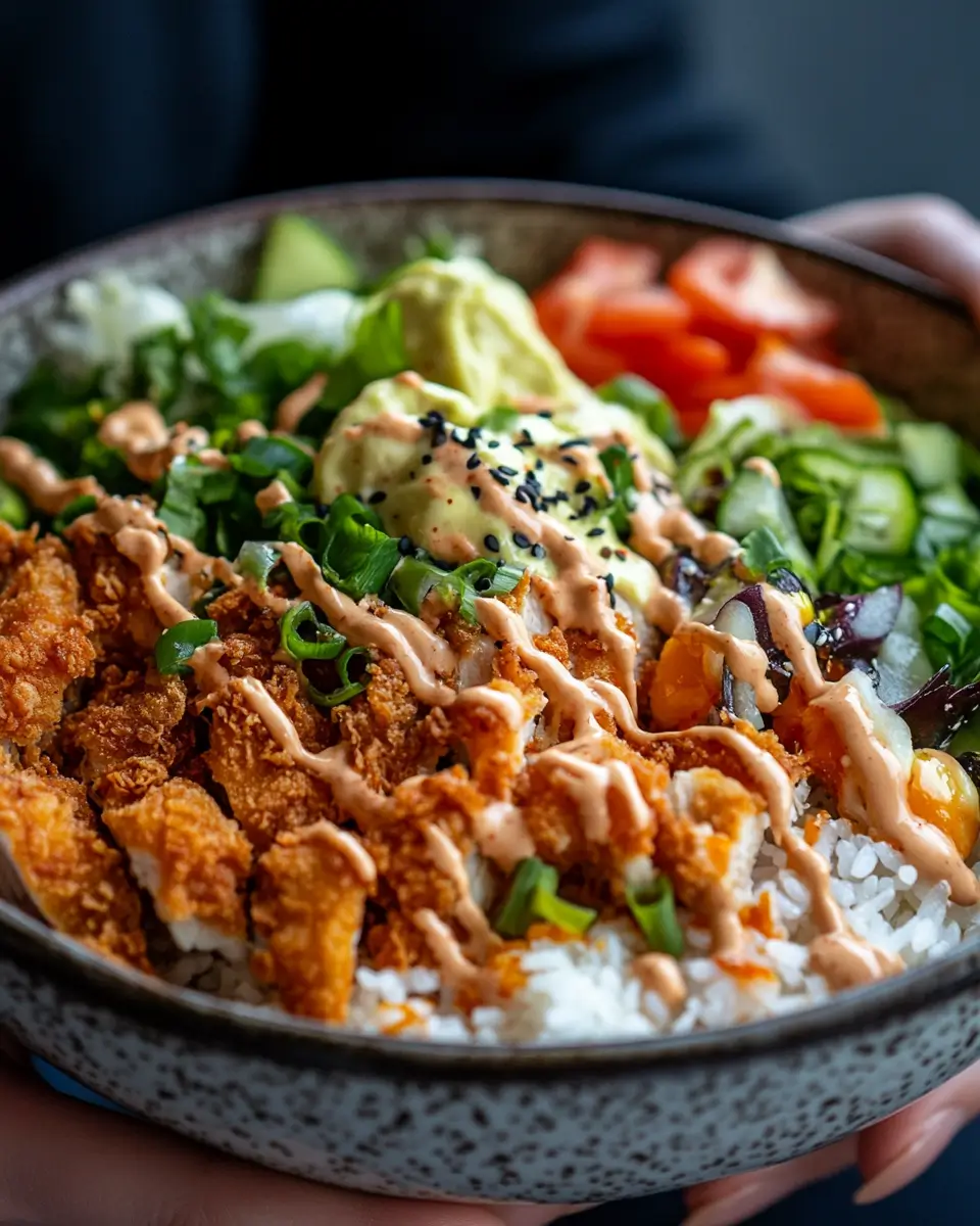 Assembling Bang Bang Chicken Bowl with crispy chicken and sauce