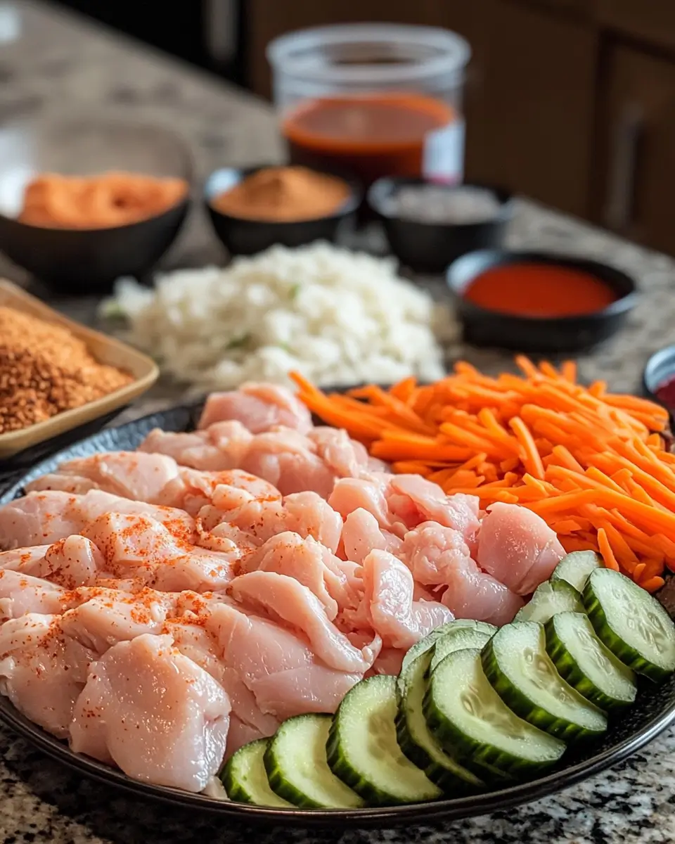 Ingredients for Bang Bang Chicken Bowl including chicken, sauce, and vegetables