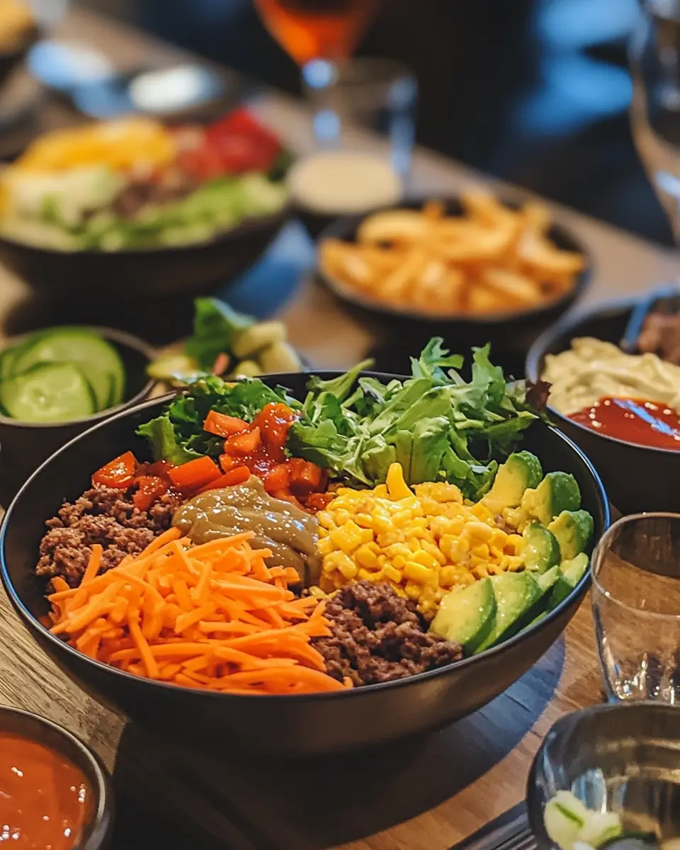 family-friendly cheeseburger salad bowl setup