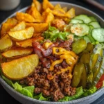 cheeseburger salad bowl close-up with crispy fries