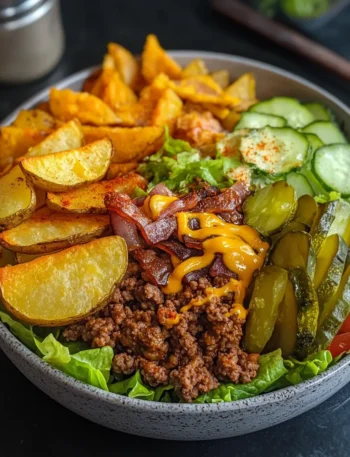cheeseburger salad bowl close-up with crispy fries