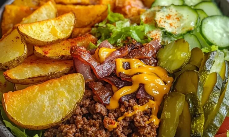 cheeseburger salad bowl close-up with crispy fries