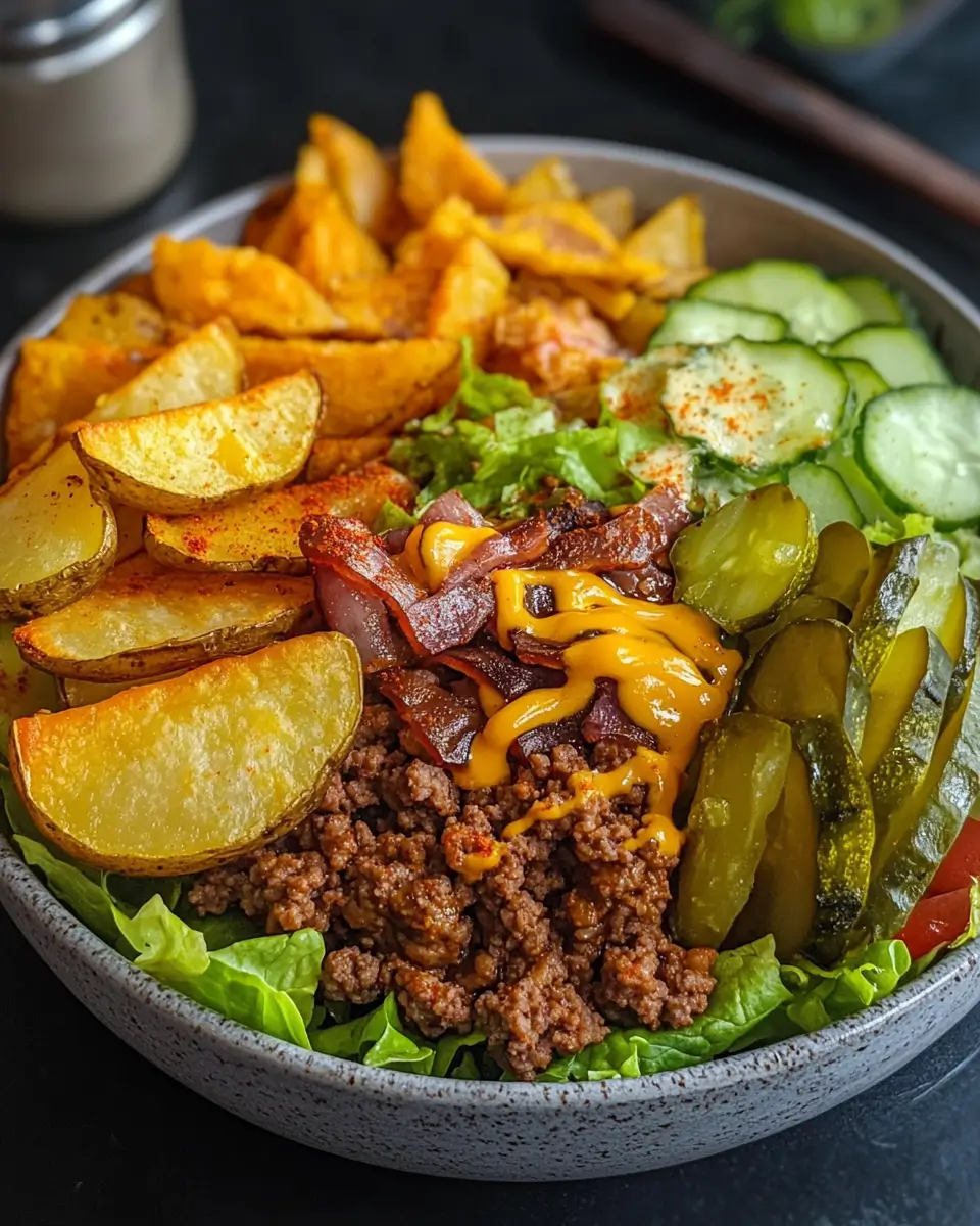 cheeseburger salad bowl close-up with crispy fries
