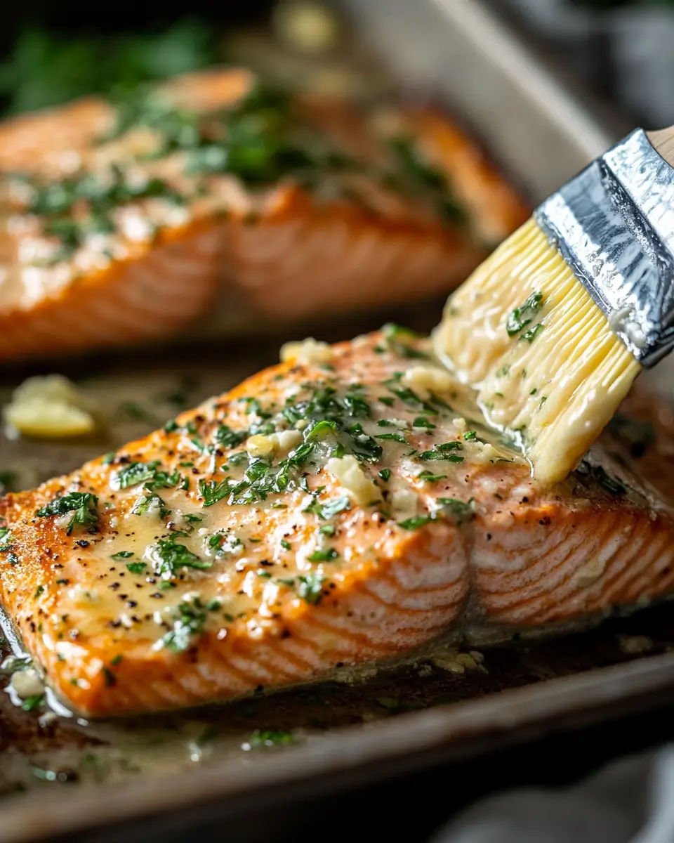 Brushing Garlic Butter Glaze on Texas Roadhouse Baked Salmon