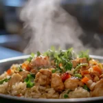 Honey BBQ Chicken Rice plated with fresh garnish