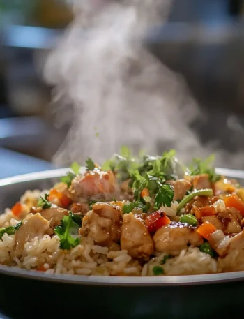 Honey BBQ Chicken Rice plated with fresh garnish