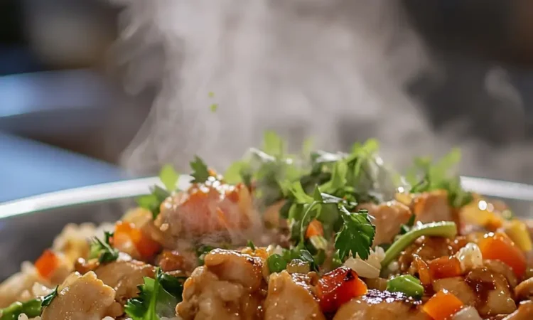 Honey BBQ Chicken Rice plated with fresh garnish