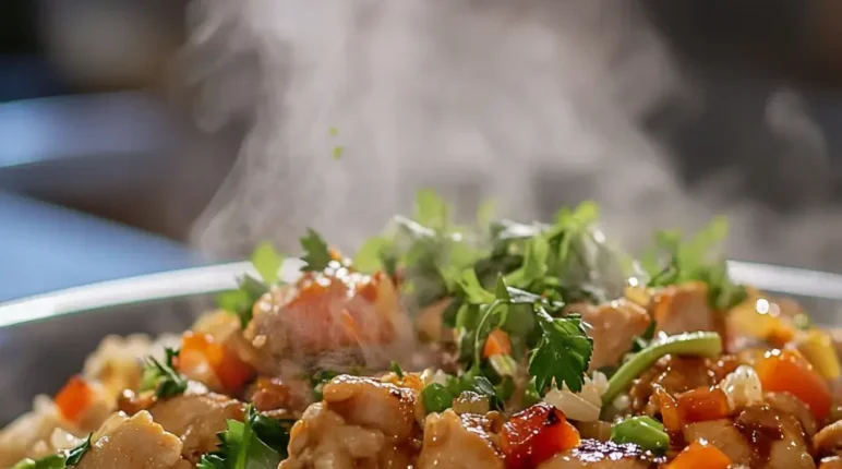 Honey BBQ Chicken Rice plated with fresh garnish