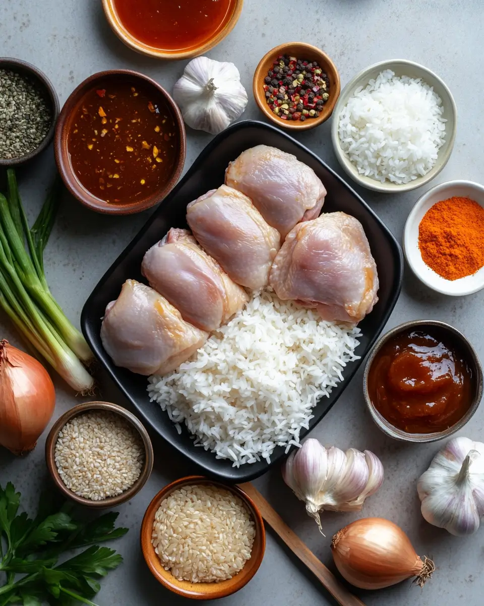 Honey BBQ Chicken Rice ingredients flatlay