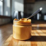 peanut butter jar with spoon on kitchen counter