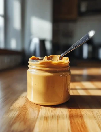 peanut butter jar with spoon on kitchen counter