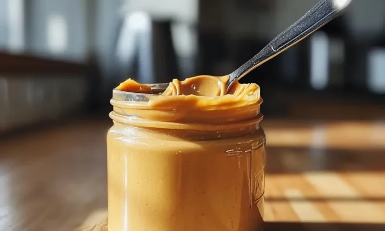 peanut butter jar with spoon on kitchen counter