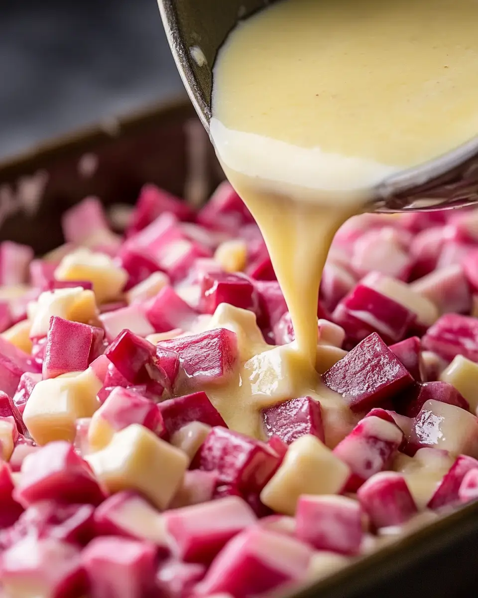 Pouring custard over rhubarb in baking dish