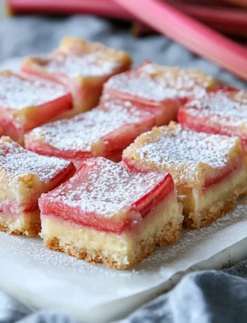 Rhubarb Custard Bars close-up dusted with sugar