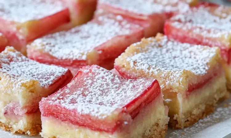 Rhubarb Custard Bars close-up dusted with sugar