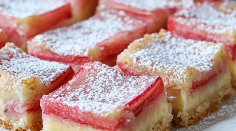 Rhubarb Custard Bars close-up dusted with sugar