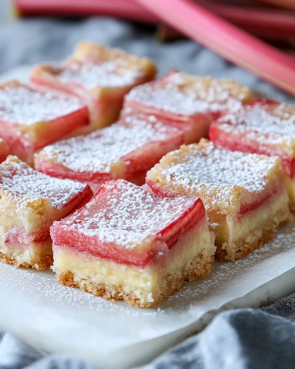 Rhubarb Custard Bars close-up dusted with sugar