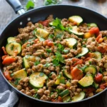 Ground Turkey and Zucchini Skillet in a cast-iron pan, fresh healthy dinner