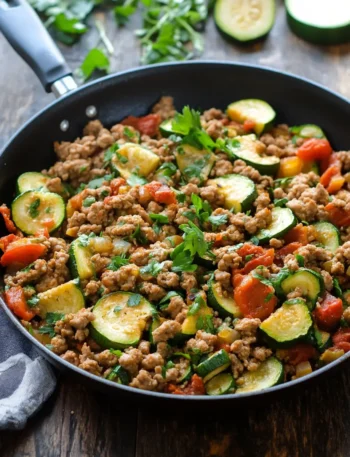 Ground Turkey and Zucchini Skillet in a cast-iron pan, fresh healthy dinner