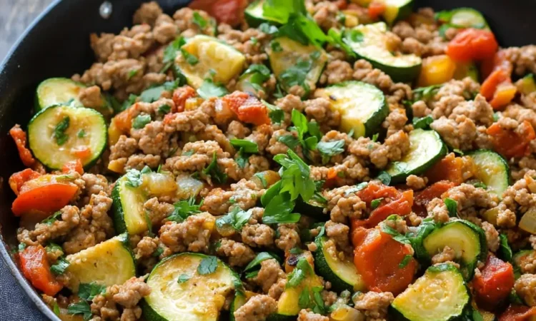 Ground Turkey and Zucchini Skillet in a cast-iron pan, fresh healthy dinner