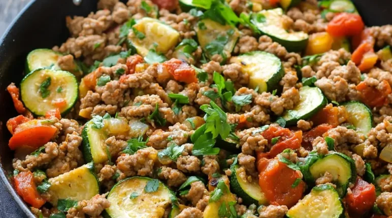 Ground Turkey and Zucchini Skillet in a cast-iron pan, fresh healthy dinner