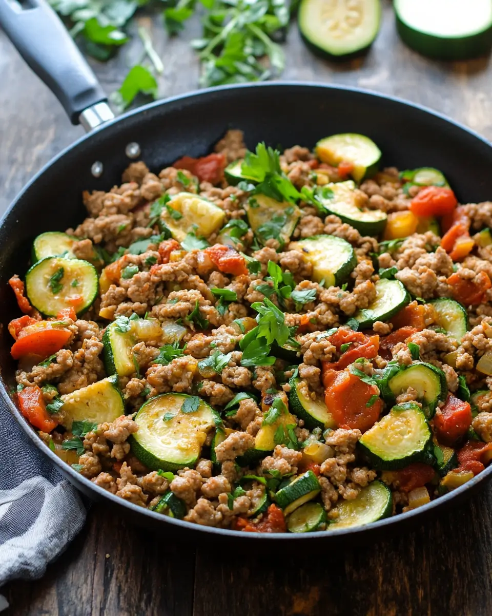 Ground Turkey and Zucchini Skillet in a cast-iron pan, fresh healthy dinner