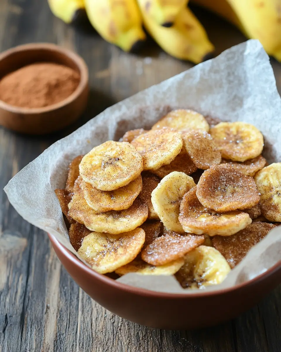 crispy banana chips served in a parchment-lined ceramic bowl