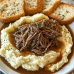 Slow Cooker Beef Manhattan with mashed potatoes and gravy