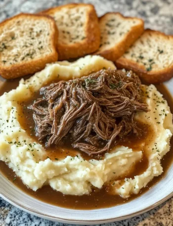 Slow Cooker Beef Manhattan with mashed potatoes and gravy