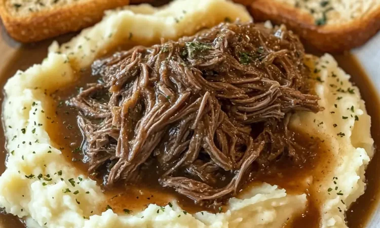 Slow Cooker Beef Manhattan with mashed potatoes and gravy