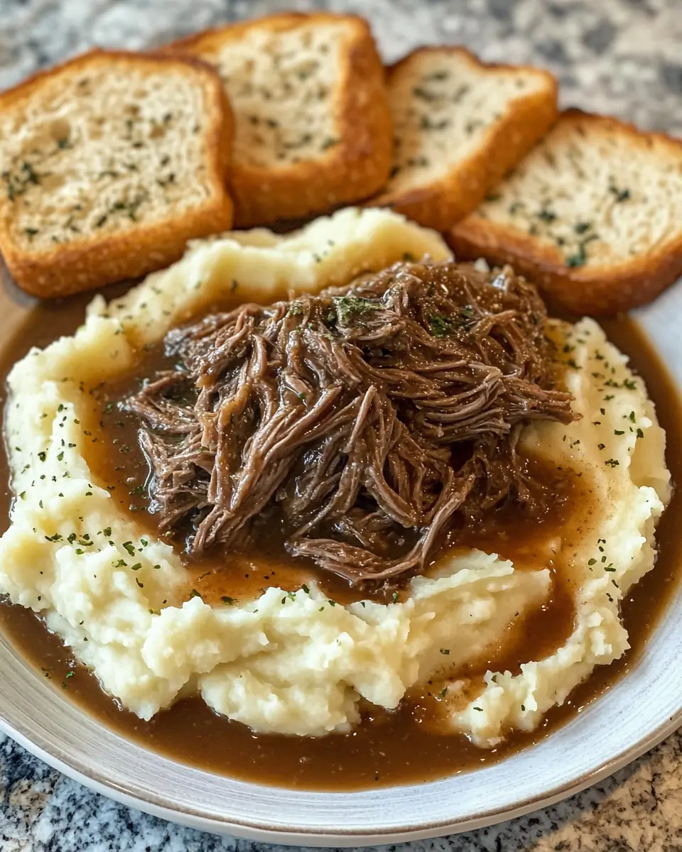 Slow Cooker Beef Manhattan with mashed potatoes and gravy