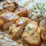 Creamy smothered chicken and rice in cast iron skillet