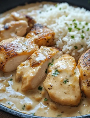 Creamy smothered chicken and rice in cast iron skillet