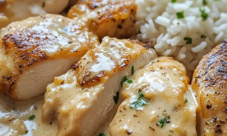 Creamy smothered chicken and rice in cast iron skillet
