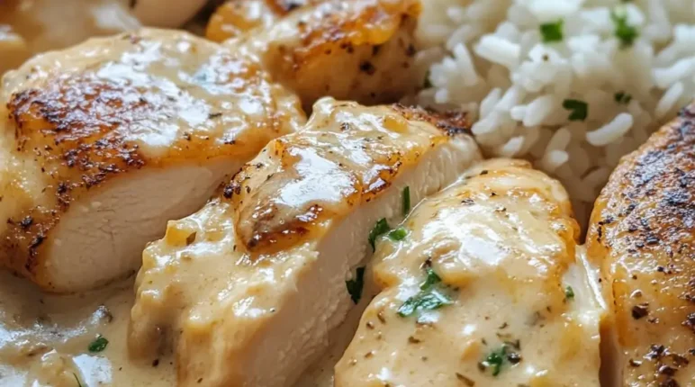 Creamy smothered chicken and rice in cast iron skillet