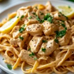Cowboy Butter Chicken Linguine on white plate with parsley
